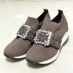 美品☆attagirl ☆ビジュー付きニットスニーカーブラウン厚底 スリッポンL