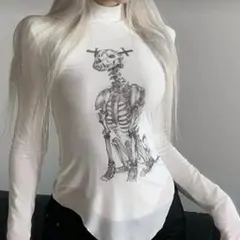 SHEIN 女性用カジュアルクルーネック長袖スカル柄 Tシャツ、春夏カラー