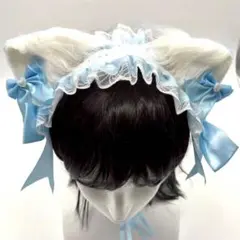 猫耳　ヘッドドレス　スカイブルー　フリル　リボン　　【1154-780】