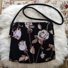 中古、FEILER 花柄ショルダーバッグ 黒、斜めがけ可能