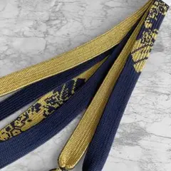 絹 帯締め☆高麗組 平組 紺鼠色(ダークネイビー)×金糸 万寿菊文様 組紐