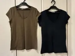 ZARA Vネック 半袖Tシャツ ストレッチ素材　カーキ ブラック 2枚セットのサムネイル