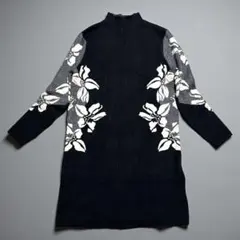 chouchoニットワンピース M〜L 黒 花柄 ジャガード織り チュニック