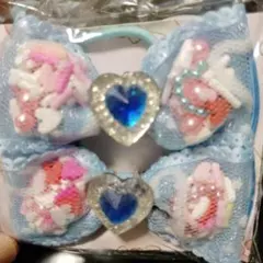 水色リボン型ヘアゴム ハートビーズ付き