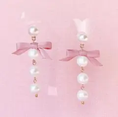 Girly Matte Ribbon Long Pearl イヤリング/Pink