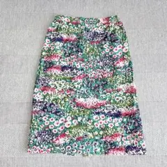 90s タイトスカート(13)スリット　花柄　ウエストゴム　総柄　華やか　上品
