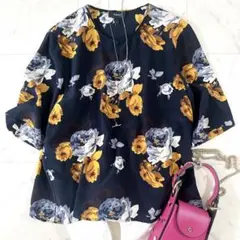 極美品 セオリー シルク100% 花柄ブラウス チュニック総柄絹Theory