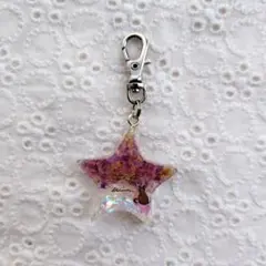 【SALE】 花びら&ホロ 星 キーホルダー 猫 パープル 紫 ミニキーホルダー
