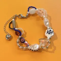 ビーズブレスレット なみなみ オレンジ ブルー 白 ハンドメイド　個性的