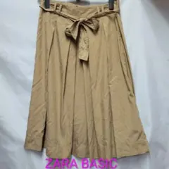 ZARA BASIC ウエストリボン フレアスカート ベージュ S タック