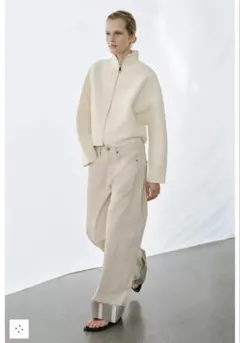 ZARA アイボリー ハイネック ジップアップ カーディガン