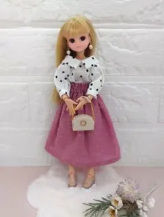 再販♡22cm‪ドール服 レース切り替えワンピース×お花ツイードバッグ♡ 再販♡22cmドール服 レース切り替えワンピース×ツイードお花バッグ♡2