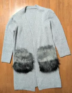 ファーポケット付き ロングカーディガン グレー
