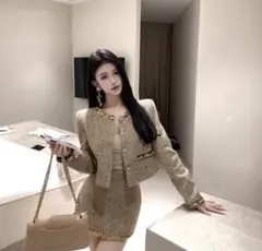 海外　ミニセットアップ スーツ　スパンコール　ツイードショートコート　Lサイズ
