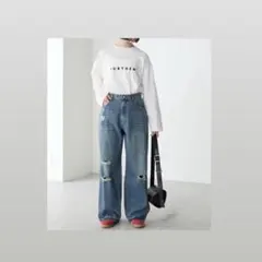 【forksy.】ダメージワイドデニムパンツ/箔プリント