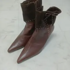 ブラウンレザー ポインテッドトゥブーツ 24cm　ショートブーツ