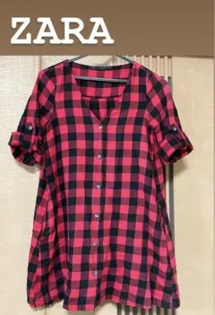 ZARA TRAFALUC ロングチェックシャツ 七分袖 襟なし ロールアップ