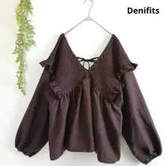 デニフィッツ フリル シャーリング ブラウス 大きいサイズ ゆったり 4L 茶色