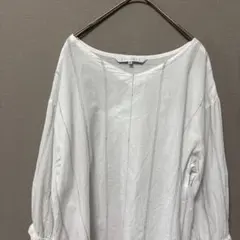 リラシク　プルオーバー七分袖ブラウス(M)ホワイト刺繍ストライプゆったりキレイめ
