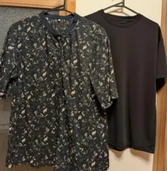 リメイクボタニカル半袖ブラウス 　シンプル黒Tシャツセット　LLサイズ