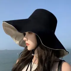 つば広帽子　黒　UVカット　紫外線防止　日焼け防止　バケットハット　リバーシブル