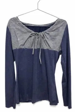 胸元ギャザー ボーダー切替 長袖トップス ネイビー ガーリー