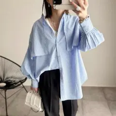 n640【複数購入可】ストライプシャツ 変形 ドロップショルダー ブルー