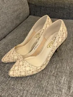 レース模様 ベージュ ポインテッドトゥ ハイヒール 23.0cm