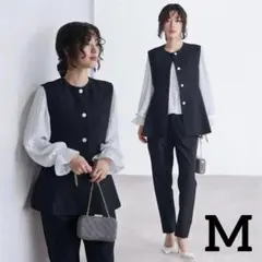 【完売品】RANAN ペプラムベストテーパードパンツセットアップ 黒ブラック