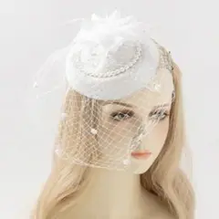 【新品】ホワイト　チュール　トーク帽　ウェディングハット　上品　結婚式