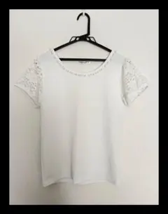 【訳あり品】ホワイト レース袖 パール装飾 半袖トップス