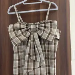 チェック柄フロントリボンロングワンピース