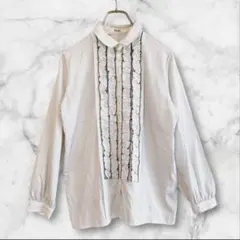 総柄デザインドット柄フリルシャツブラウスレトロポップ白ホワイトヴィンテージ古着