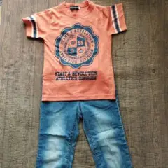 オレンジ Tシャツとデニムパンツ セット 130