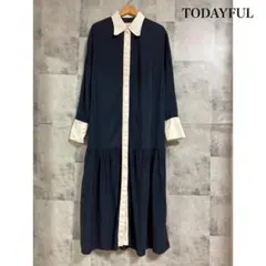 トゥデイフル タックドレスシャツ バンドカラー ドット柄 胸元配色