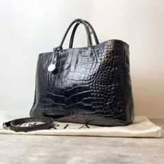 【良品】FURLA トートバッグ 2way クロコ型押し チャーム ブラック