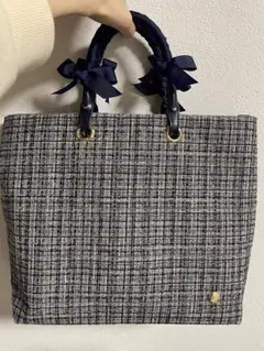 チェック柄 ハンドバッグ ネイビーリボン付き