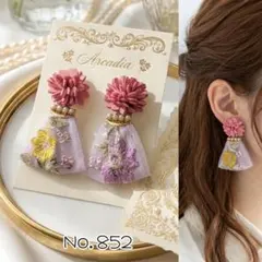 No.852 ピンク花 インド刺繍リボン ハンドメイド ピアス イヤリング