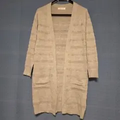 未使用ライトグレーボーダー透かし編み長袖ロングカーディガンМサイズ