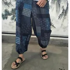 サルエルパンツ 和風 レトロ調 モンペ風 ゆったり ネイビー 部屋着 藍