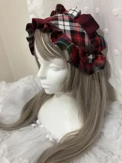 ハンドメイド　赤タータンチェックのパッチワークヘッドドレス
