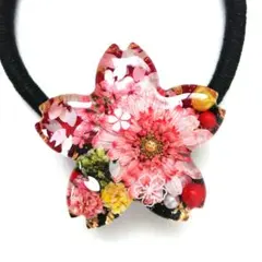 ヘアゴム レジン 桜型 マトリカリアと桜 レッドとブラック