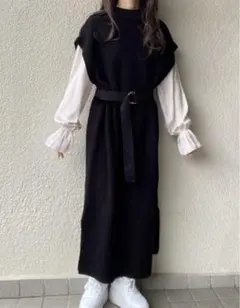 GRL 袖ブラウスドッキングニットワンピース ブラック