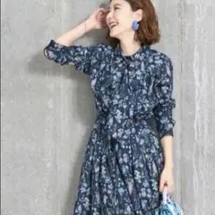 美品23区 mi-mollet 大草直子 花柄 ボウタイ シャツワンピース 38