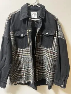 【完売品】ZARA チェック柄 切り替え デニムジャケット オーバーサイズ