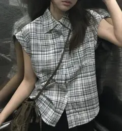 新品　フレンチスリーブ　大人かわいい　チェックシャツ　モノトーン