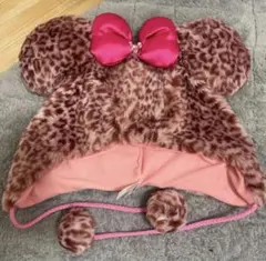 ミニーマウス風ヒョウ柄ファー帽子