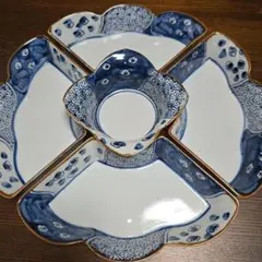 【美品】瀬戸焼　錦山窯　オードブル皿　扇形　中鉢　鉢皿　計5個　　手描き