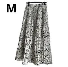 【ロングプリーツスカートM】裏地あり　淡いクリーム　プリーツ　ヒョウ柄　Wゴム