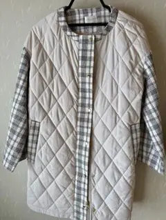 ホワイト・チェック柄キルティングジャケット　Lサイズ